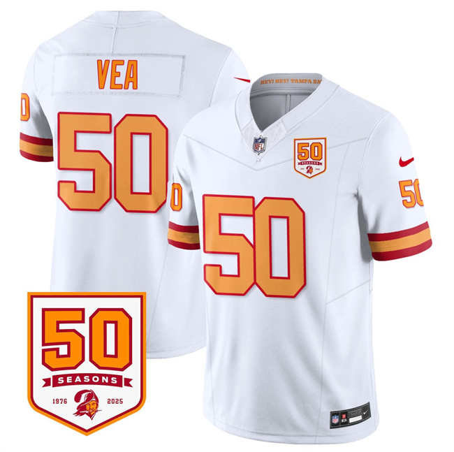 Men's Tampa Bay Buccaneers #50 Vita Vea White 2025 F.U.S.E. 50th Anniversary Patch Vapor Limited Stitched Jersey